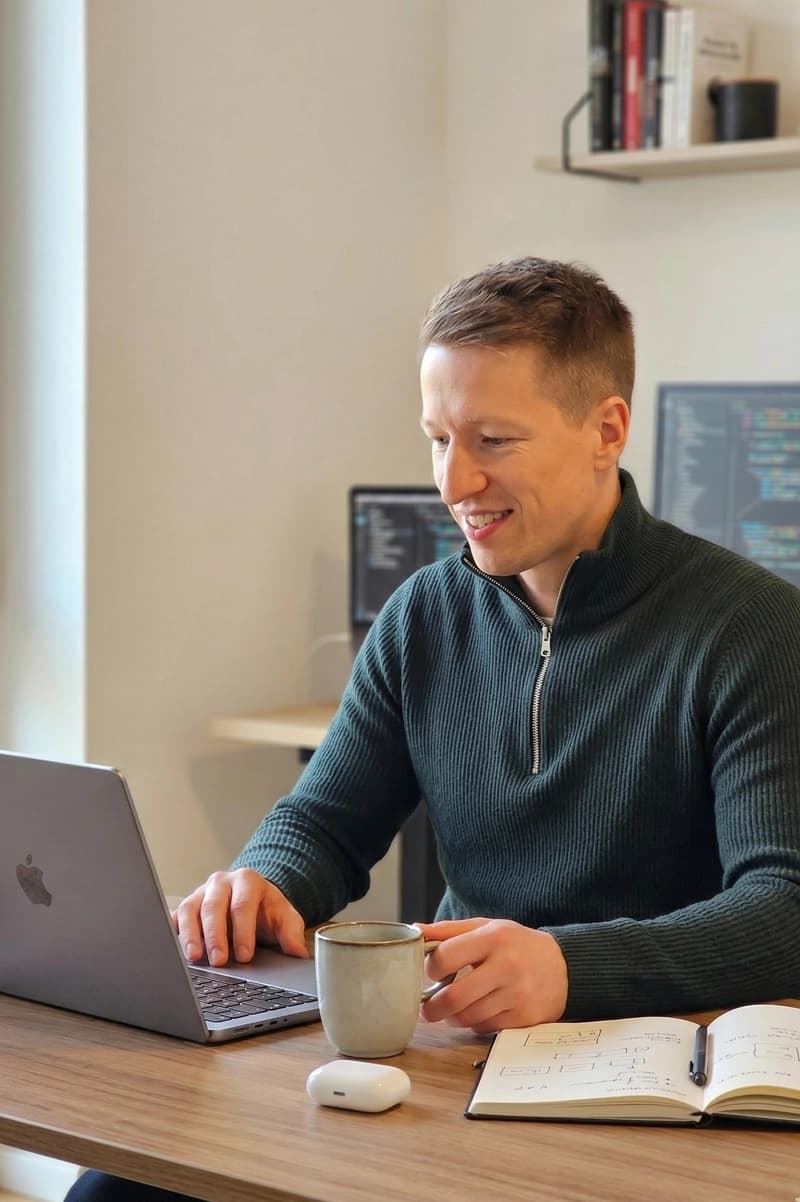 Jannis Gerlinger arbeitet an seinem Laptop