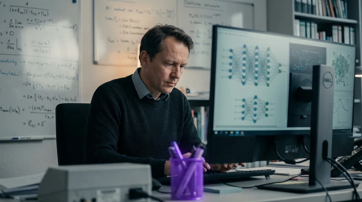 Futuristische Gehirnstruktur aus Licht und Schaltkreisen in einem dunklen Raum mit violettem Leuchten