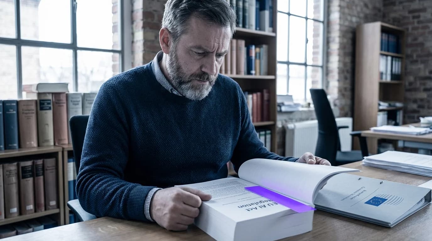 Europäisches Parlamentsgebäude bei Nacht mit violett leuchtenden digitalen Gesetzestexten an der Fassade