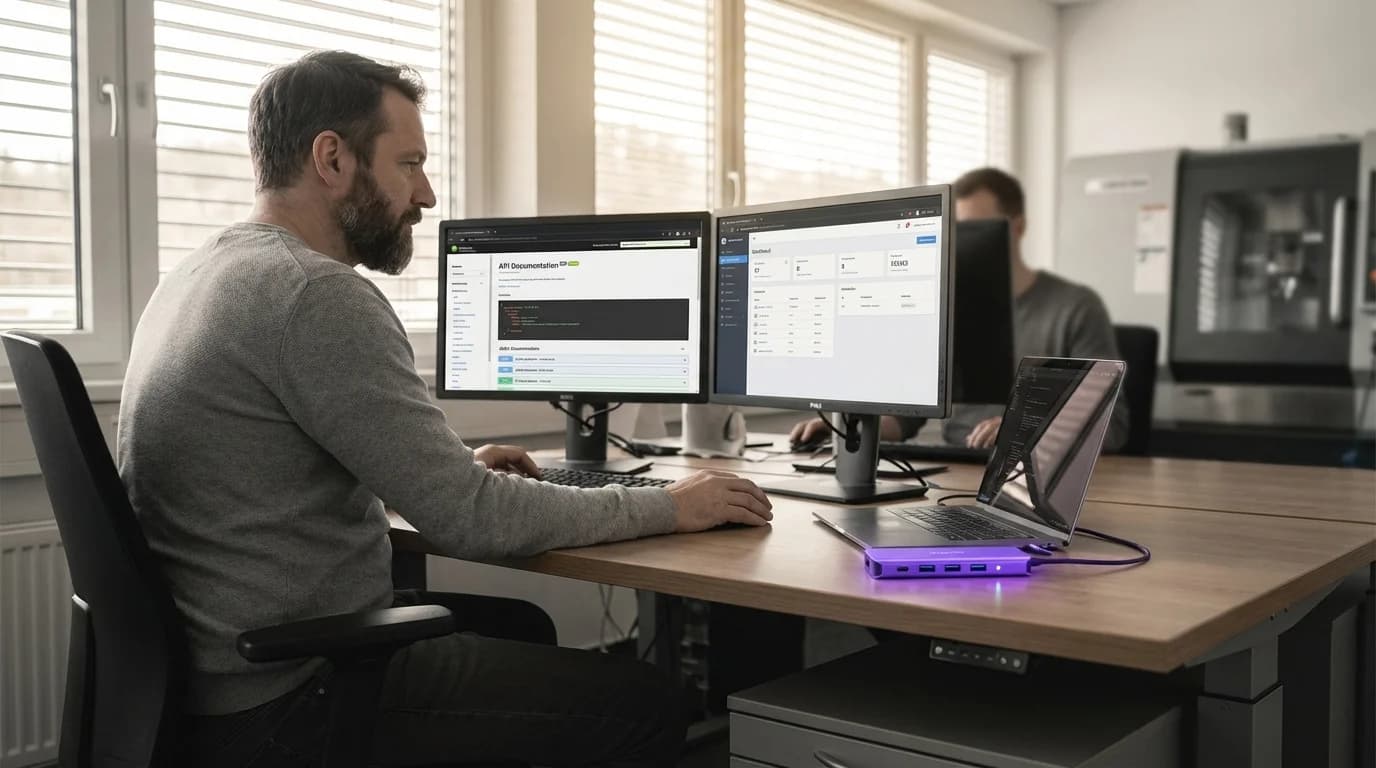 Leuchtende Netzwerkknoten mit violetten Datenströmen zwischen verbundenen Servermodulen