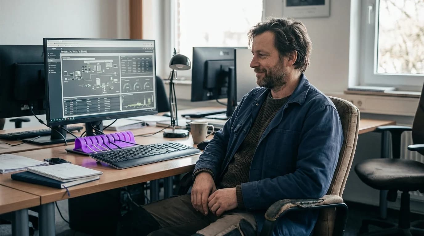 Industrieroboterarm in violettem Neonlicht bei der automatisierten Fertigung in einer dunklen Fabrikhalle
