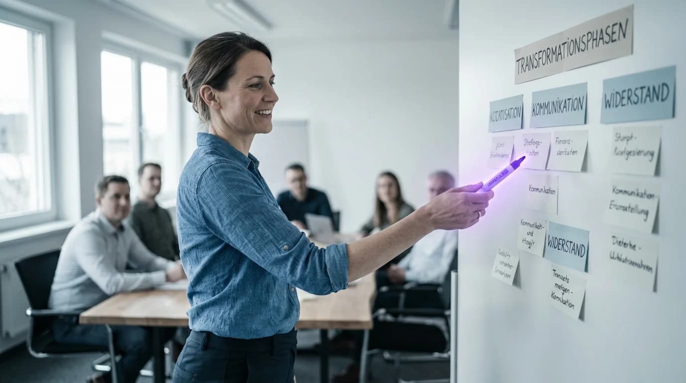 Team vor einem leuchtenden Transformations-Diagramm mit violetten Veränderungspfeilen
