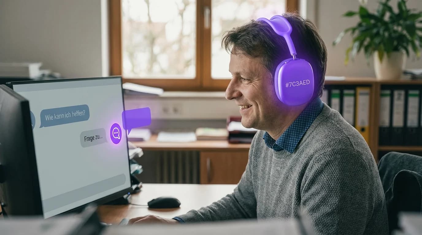 Moderner Empfangsbereich mit leuchtendem Chat-Interface auf einem Curved-Display