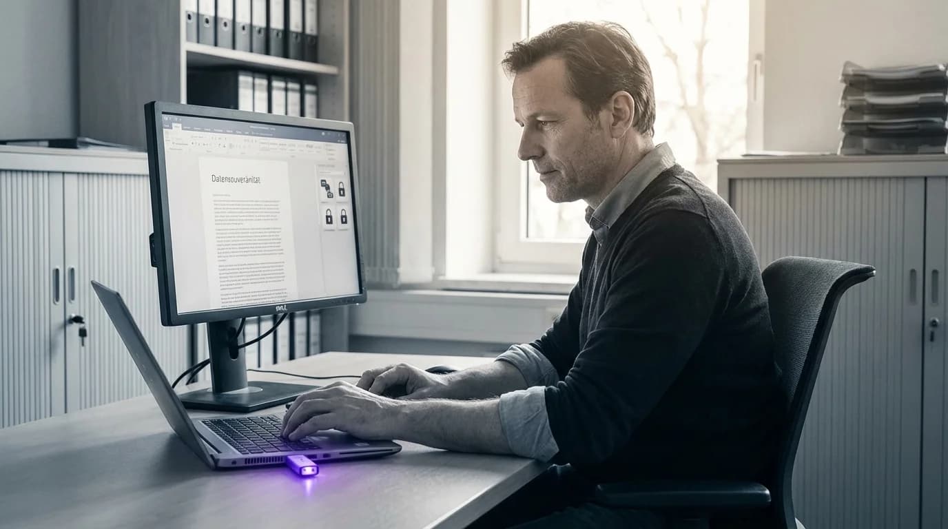 Tresor mit leuchtenden violetten Datensymbolen und digitalem Fingerabdruck-Scanner