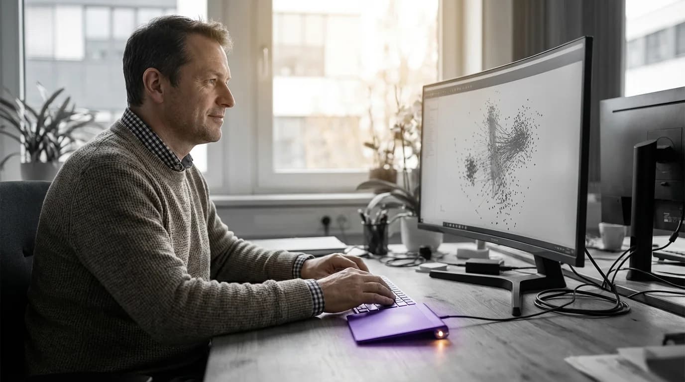 Dreidimensionaler Vektorraum mit schwebenden Textfragmenten und violetten Verbindungslinien
