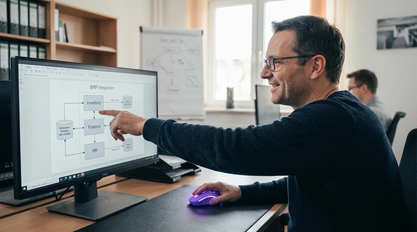 Zahnräder und Schaltkreise greifen ineinander mit violetten Datenflüssen in einer industriellen Umgebung