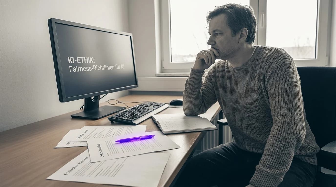 Leuchtende Waagschale mit KI-Symbolen und menschlichen Silhouetten in violettem Licht