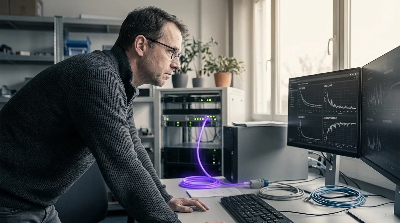 Nahaufnahme von Präzisions-Drehreglern mit violetter LED-Beleuchtung auf einem Mischpult