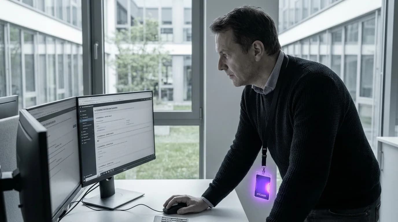 Leuchtende violette Leitplanken entlang eines digitalen Korridors mit KI-Symbolen