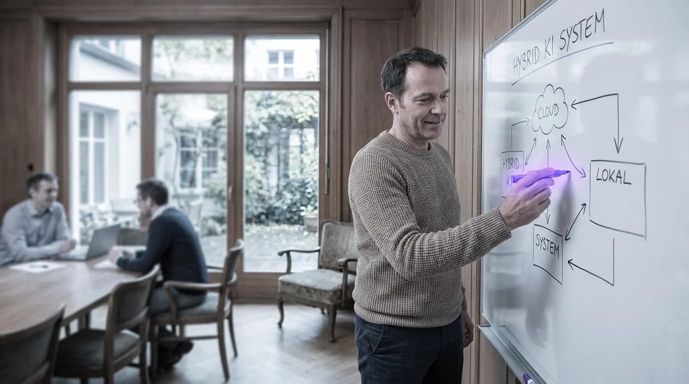 Zwei verbundene Sphären aus Cloud und Server-Hardware mit violetten Datenbrücken dazwischen