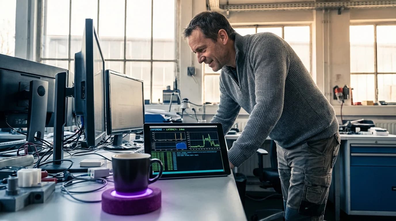 Leuchtender Datenstrom der durch einen KI-Prozessor fließt mit violetten Ausgabe-Signalen