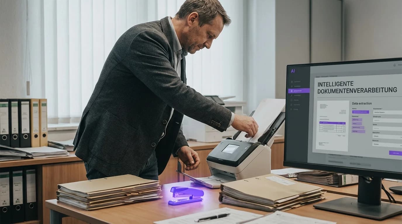 Stapel von Dokumenten die durch einen violett leuchtenden Scanner in digitale Daten umgewandelt werden