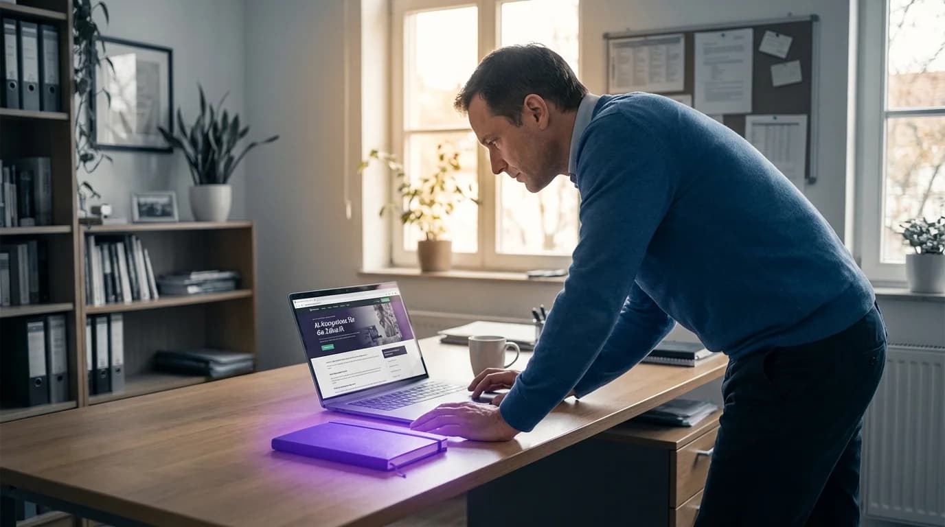 Büroarbeitsplatz im Wandel mit holografischen KI-Assistenten und violetter Beleuchtung