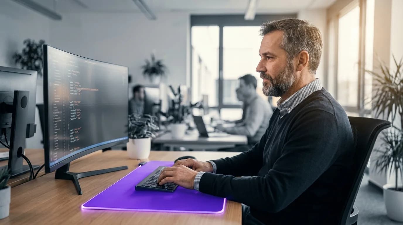 Schwebende JSON-Codeblöcke mit violetter Syntax-Hervorhebung in einer dunklen Entwicklungsumgebung