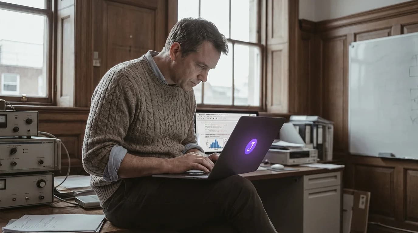 Interaktives Notebook-Interface mit violett leuchtenden Code-Zellen und Datenvisualisierungen