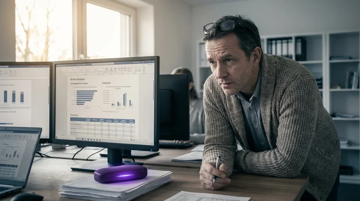 Verzerrte Waage mit violetter Beleuchtung in einem dunklen Gerichtssaal als Symbol für KI-Bias