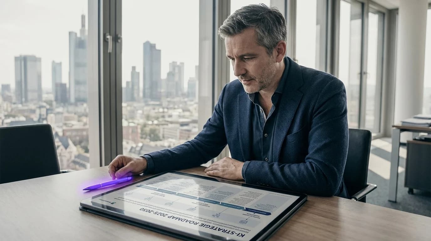 Strategische Roadmap als leuchtende Holografie mit violetten Meilensteinen auf einem Konferenztisch