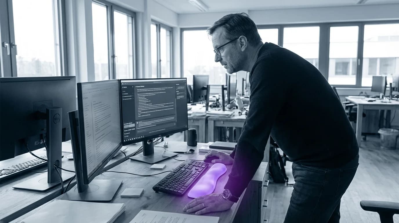 Breites Panoramafenster mit violett leuchtenden Textfragmenten die durch den Rahmen fließen