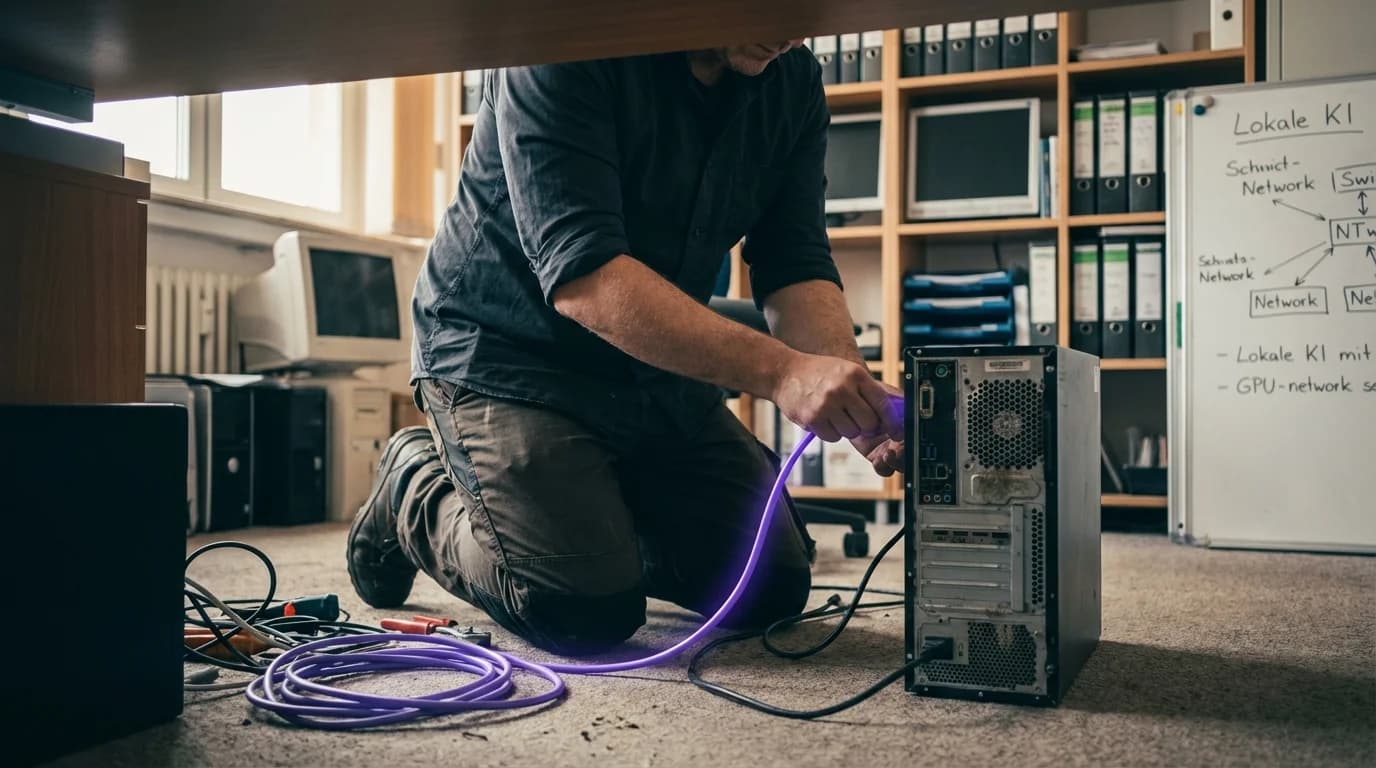 Kompakter Server-Tower mit violett leuchtenden GPUs in einem gesicherten Serverraum