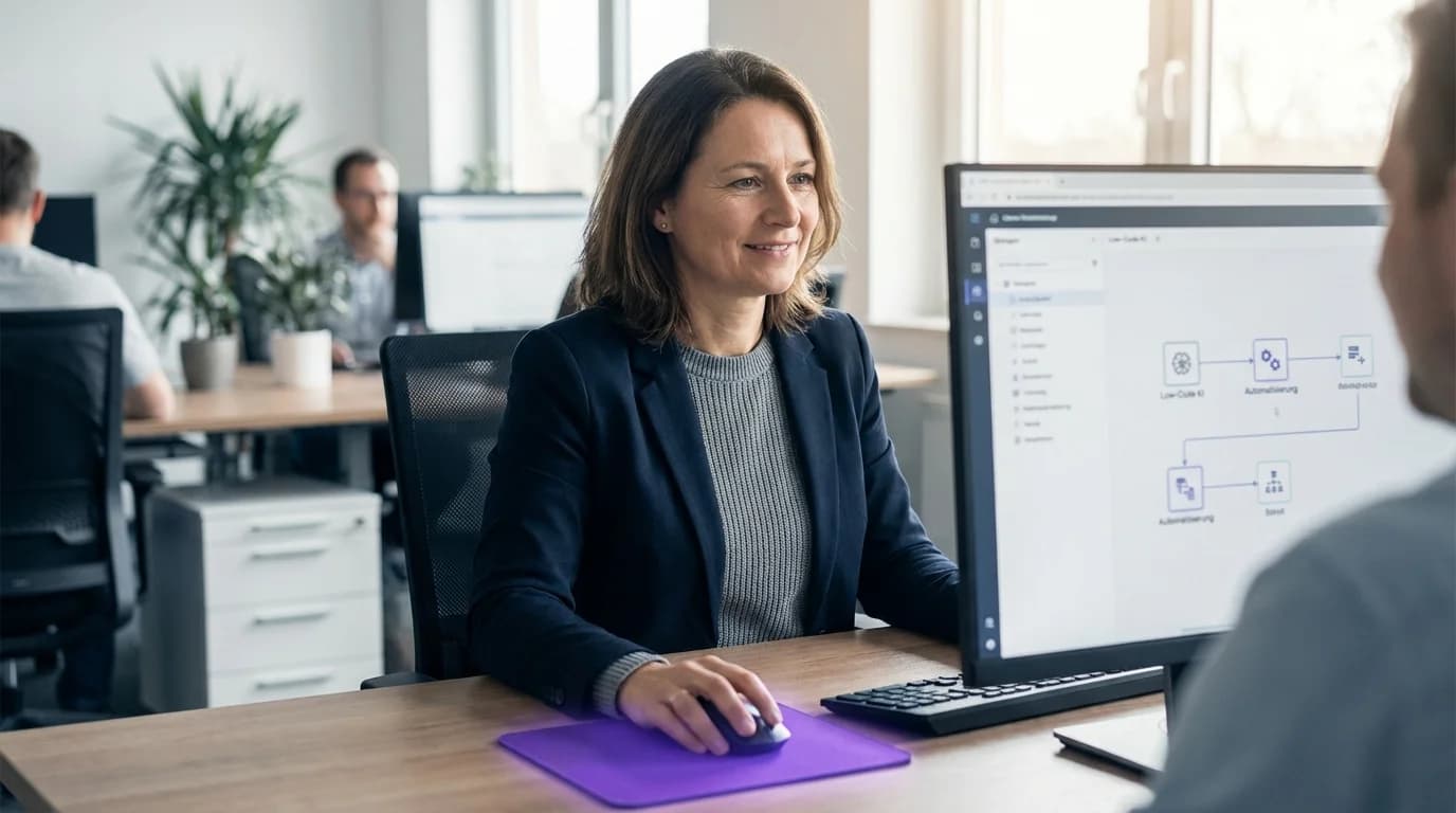 Visueller Drag-and-Drop Editor mit violett leuchtenden KI-Bausteinen auf einem modernen Bildschirm