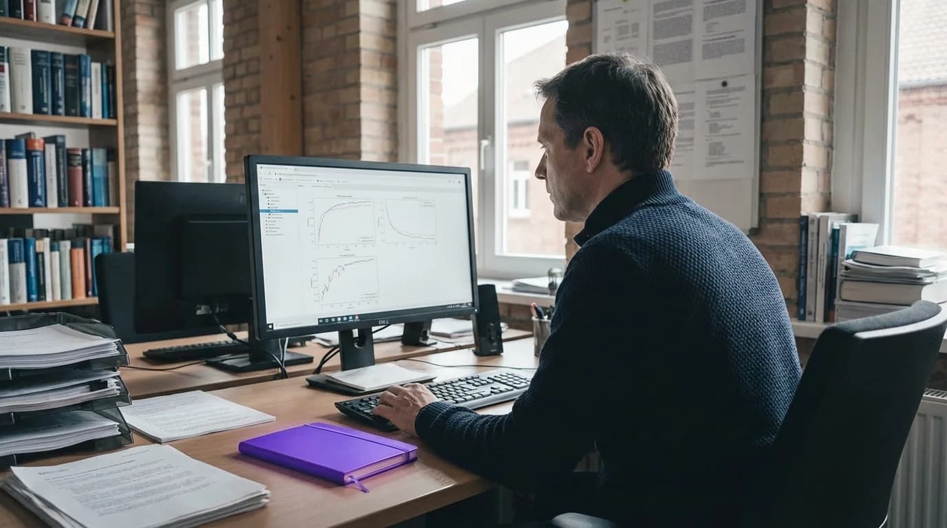 Modernes Labor mit Monitoring-Stationen und violett leuchtenden Trainingskurven auf Bildschirmen