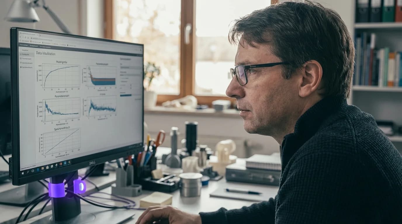 Aufsteigende Türme unterschiedlicher Größe mit violett leuchtenden Parameterzählern