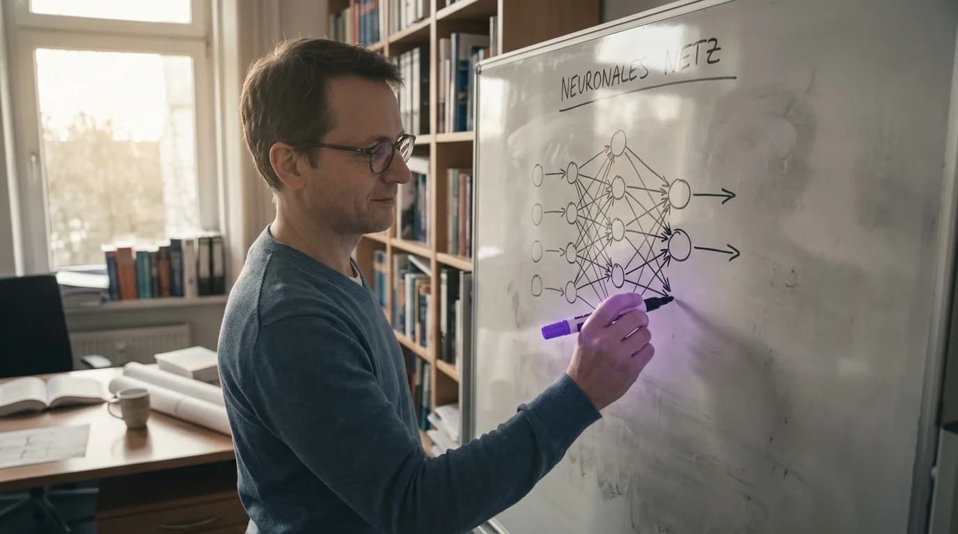 Abstraktes neuronales Netzwerk mit violett leuchtenden Neuronen und synaptischen Verbindungen