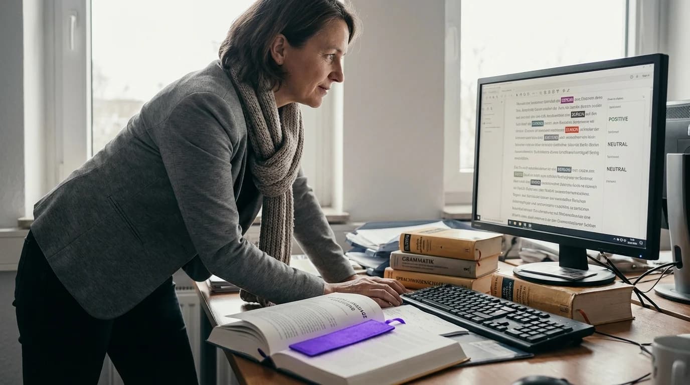 Schwebende Wörter und Sätze die durch violette Sprachverarbeitungs-Algorithmen analysiert werden