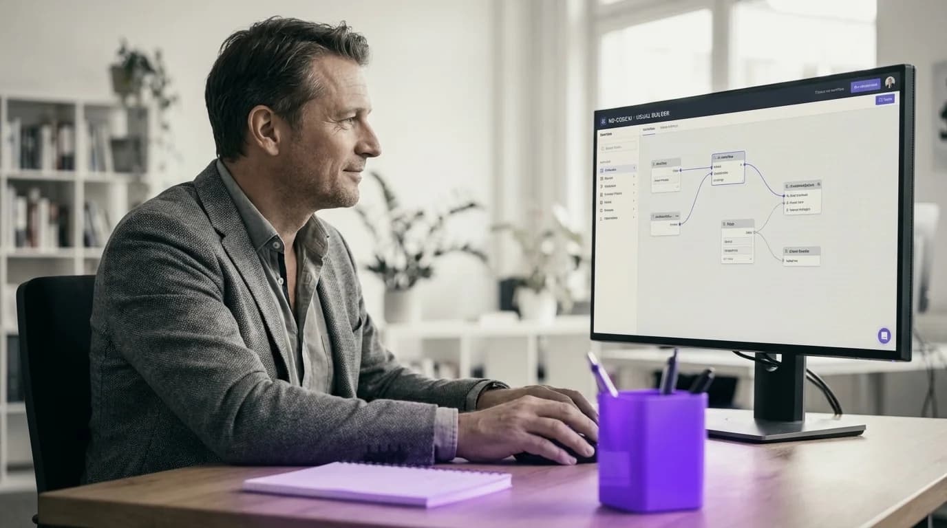 Buntes visuelles Interface mit zusammenklickbaren KI-Modulen in violetter Neon-Aesthetik