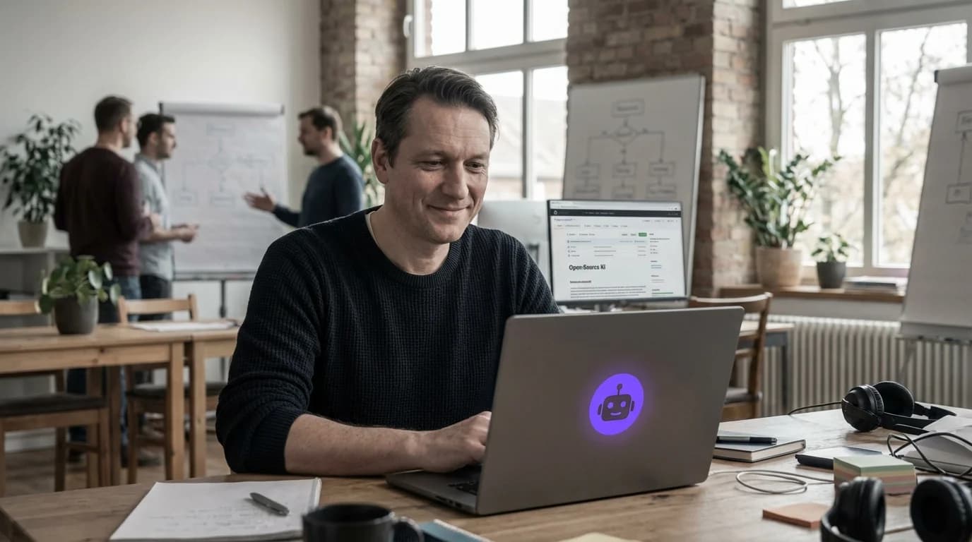 Offener Quellcode-Editor mit violett leuchtendem Open-Source-Logo und frei fliessenden Datenstroemen