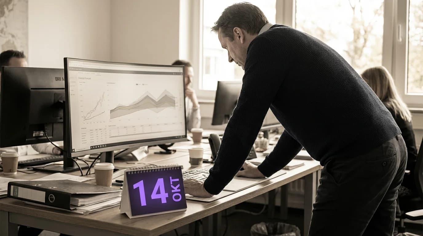 Kristallkugel mit violett leuchtenden Prognose-Kurven und Zukunftsdaten in einem modernen Buero