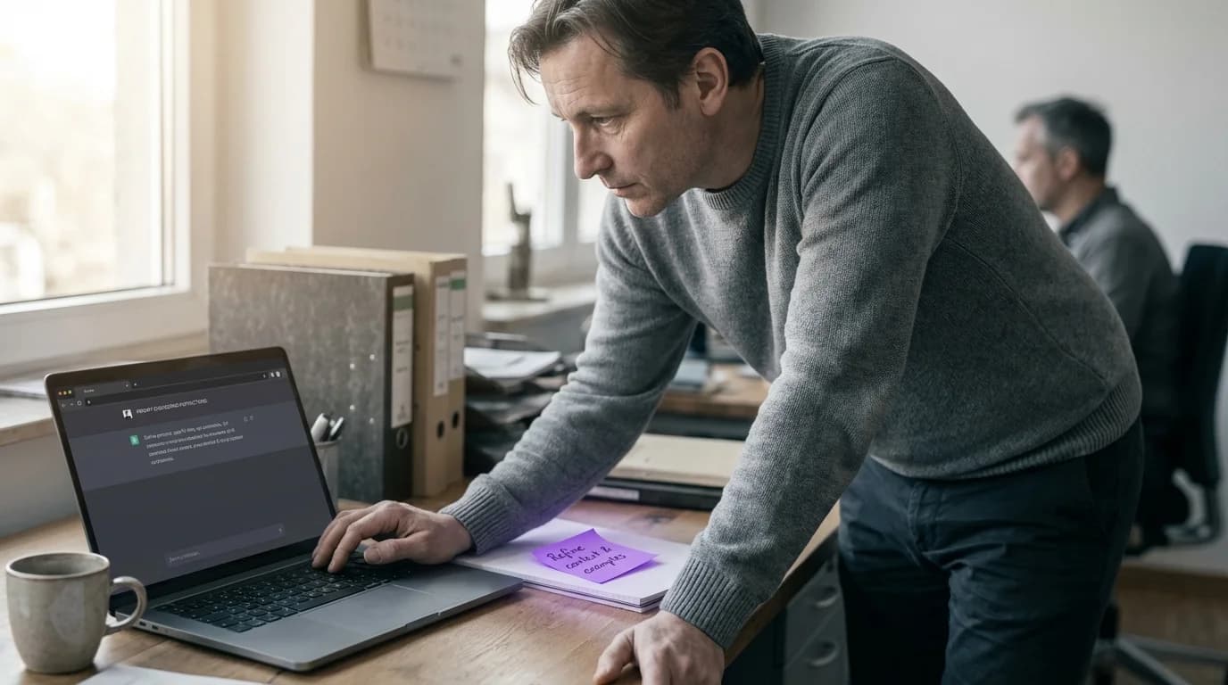 Vintage-Schreibmaschine mit violett beleuchteten Tasten in einem dunklen Studio