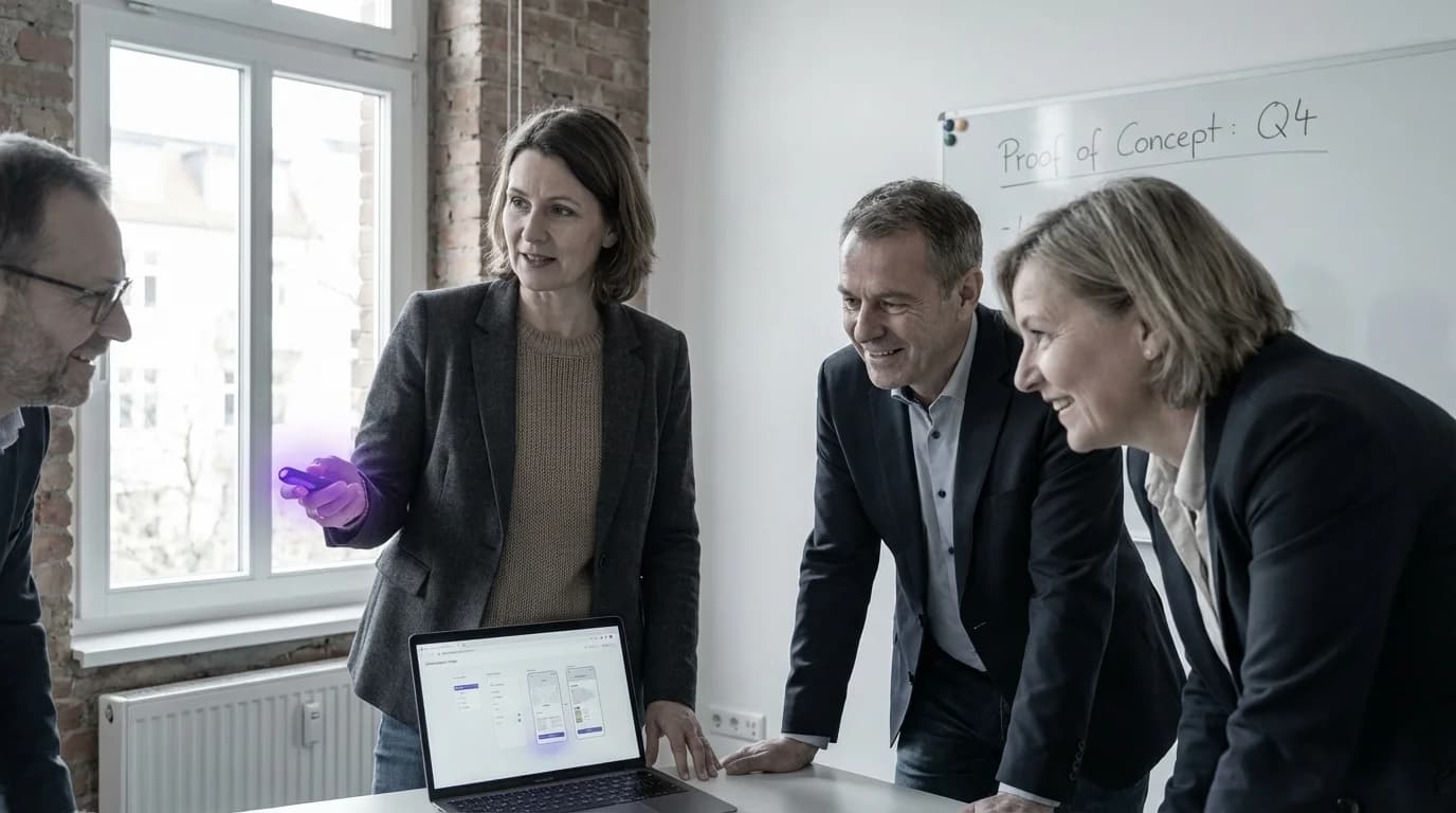 Leuchtender Prototyp auf einem Labortisch mit violetten Testdaten und Ergebnis-Anzeigen