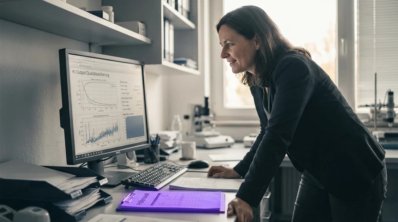 Prueflabor mit violett leuchtenden Qualitaets-Dashboards und automatisierten Testprotokollen