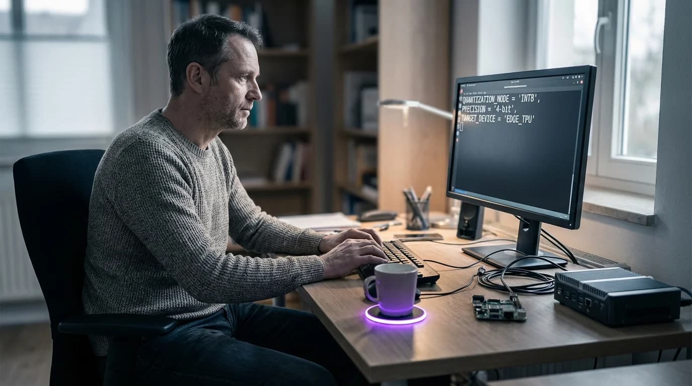 Komprimiertes KI-Modell dargestellt als schrumpfender Wuerfel mit violetten Bit-Mustern