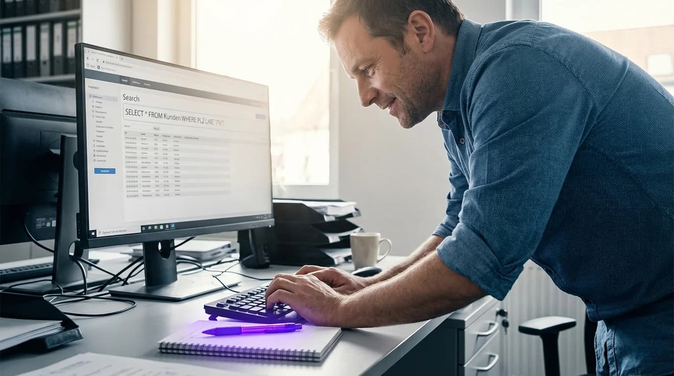 Suchleiste mit violett leuchtender KI-Verarbeitung und Datenbank-Antworten im Hintergrund