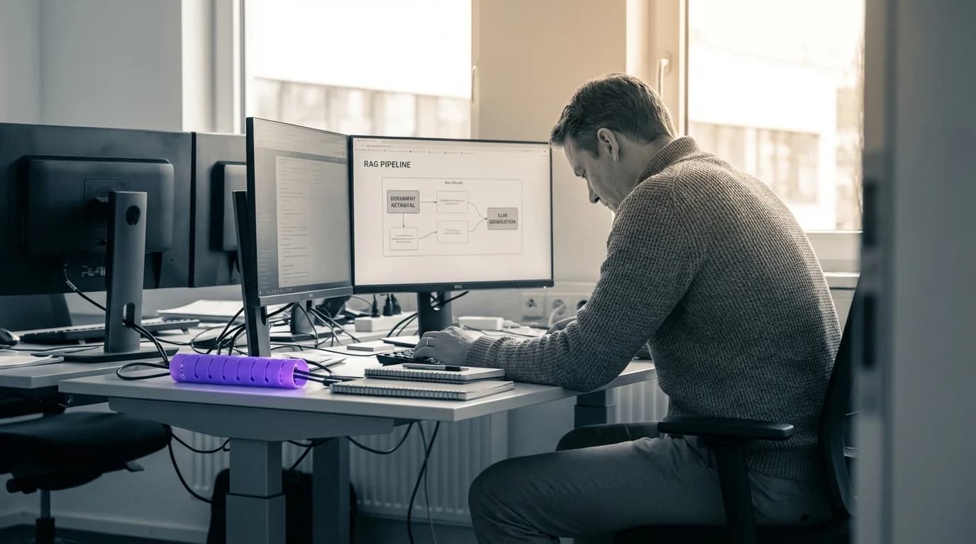 Futuristischer Archivraum mit violett leuchtenden Datenspeicher-Modulen und Roboterarm