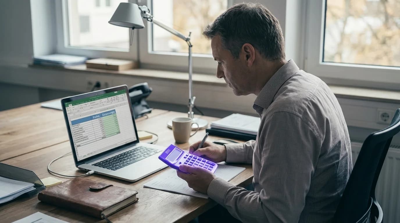 Aufsteigende Gewinnkurve mit violett leuchtenden Muenzstapeln und KI-Investitions-Symbolen