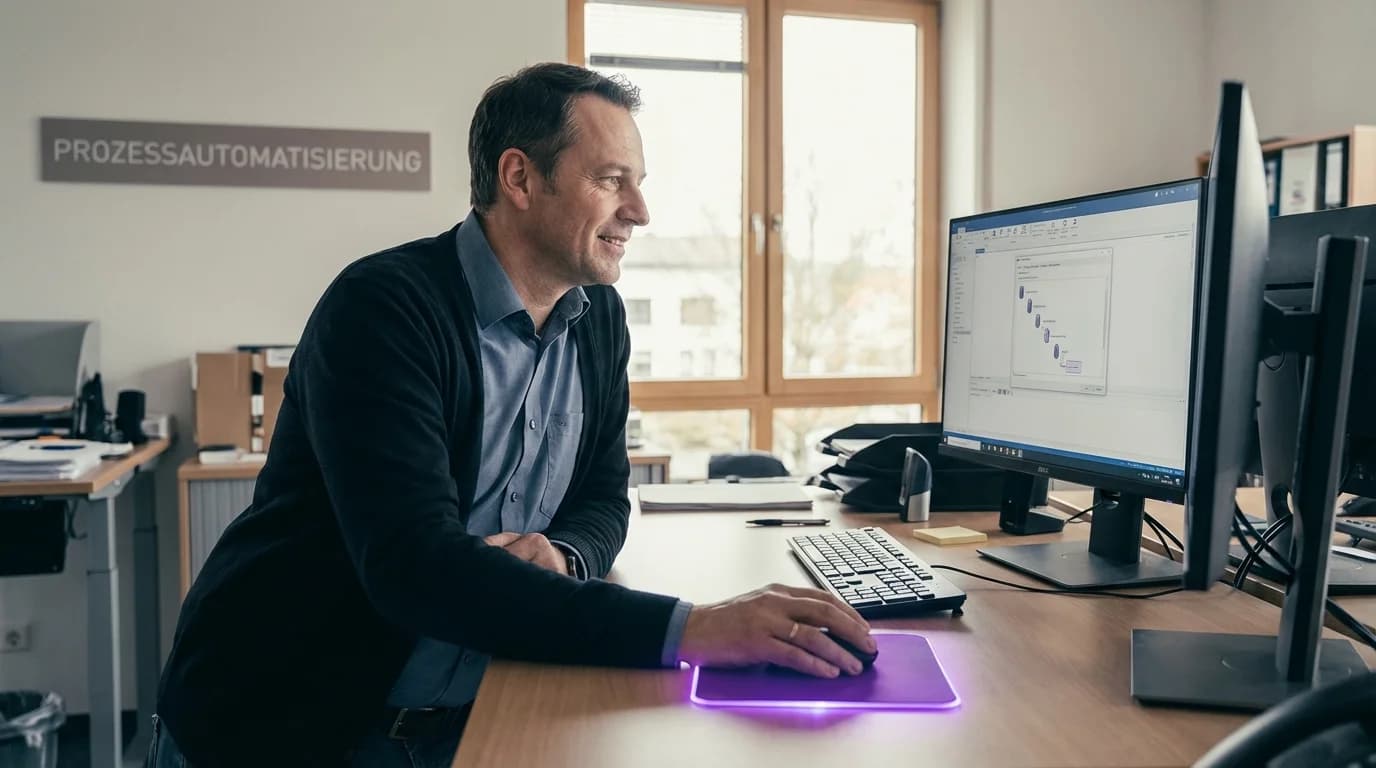 Software-Roboter der automatisch Formulare ausfuellt mit violett leuchtenden Mauszeigern auf mehreren Bildschirmen