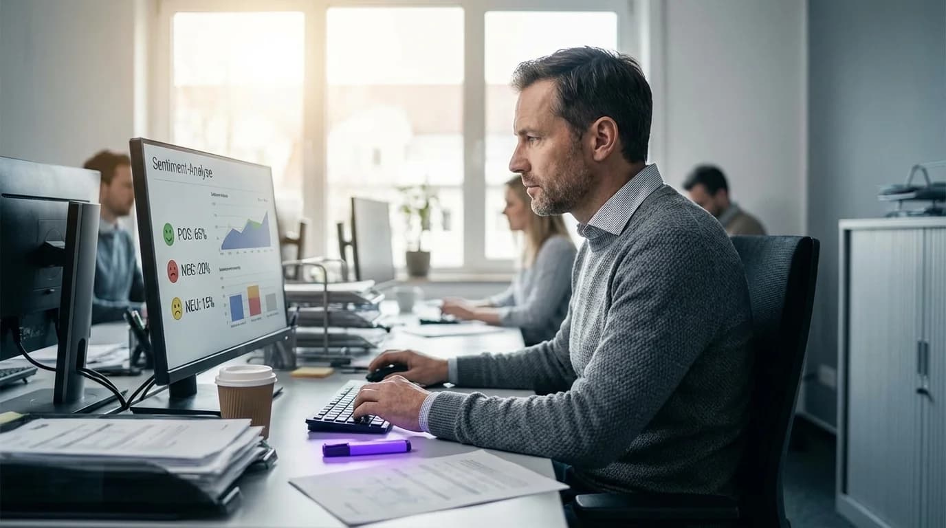 Emojis und Stimmungsindikatoren die durch einen violetten KI-Filter analysiert werden