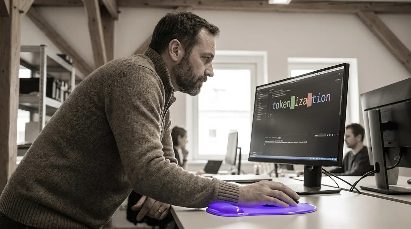 Zerlegter Text in einzelne leuchtende violette Bausteine die durch ein KI-Modell fließen