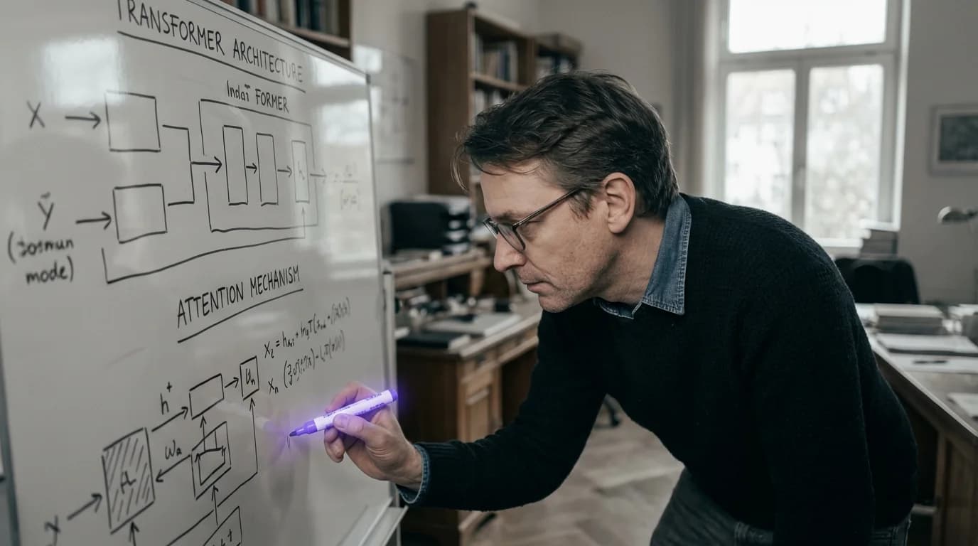 Architektonische Darstellung des Attention-Mechanismus mit violett leuchtenden Verbindungslinien zwischen Schichten