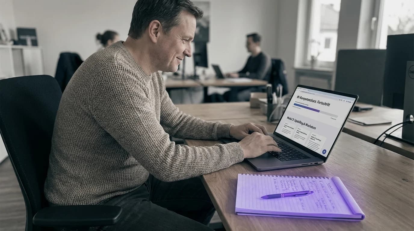 Aufsteigende Wissensstufen mit violett leuchtenden Lernmodulen und KI-Zertifikaten