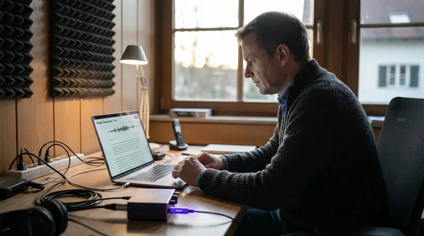 Mikrofon mit violett leuchtenden Schallwellen die in präzise Textzeilen umgewandelt werden