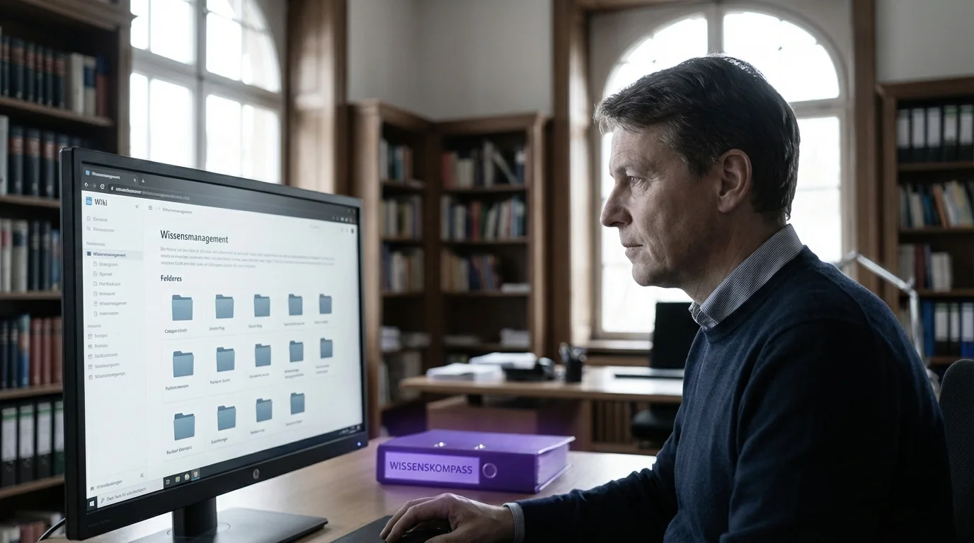 Digitale Bibliothek mit violett leuchtenden Wissensknoten und intelligenter Suchoberfläche