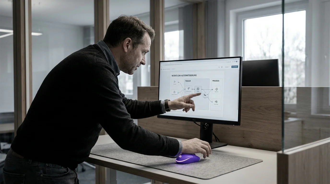 Verkettete Prozessschritte als violett leuchtende Knotenpunkte in einem automatisierten Workflow-Diagramm