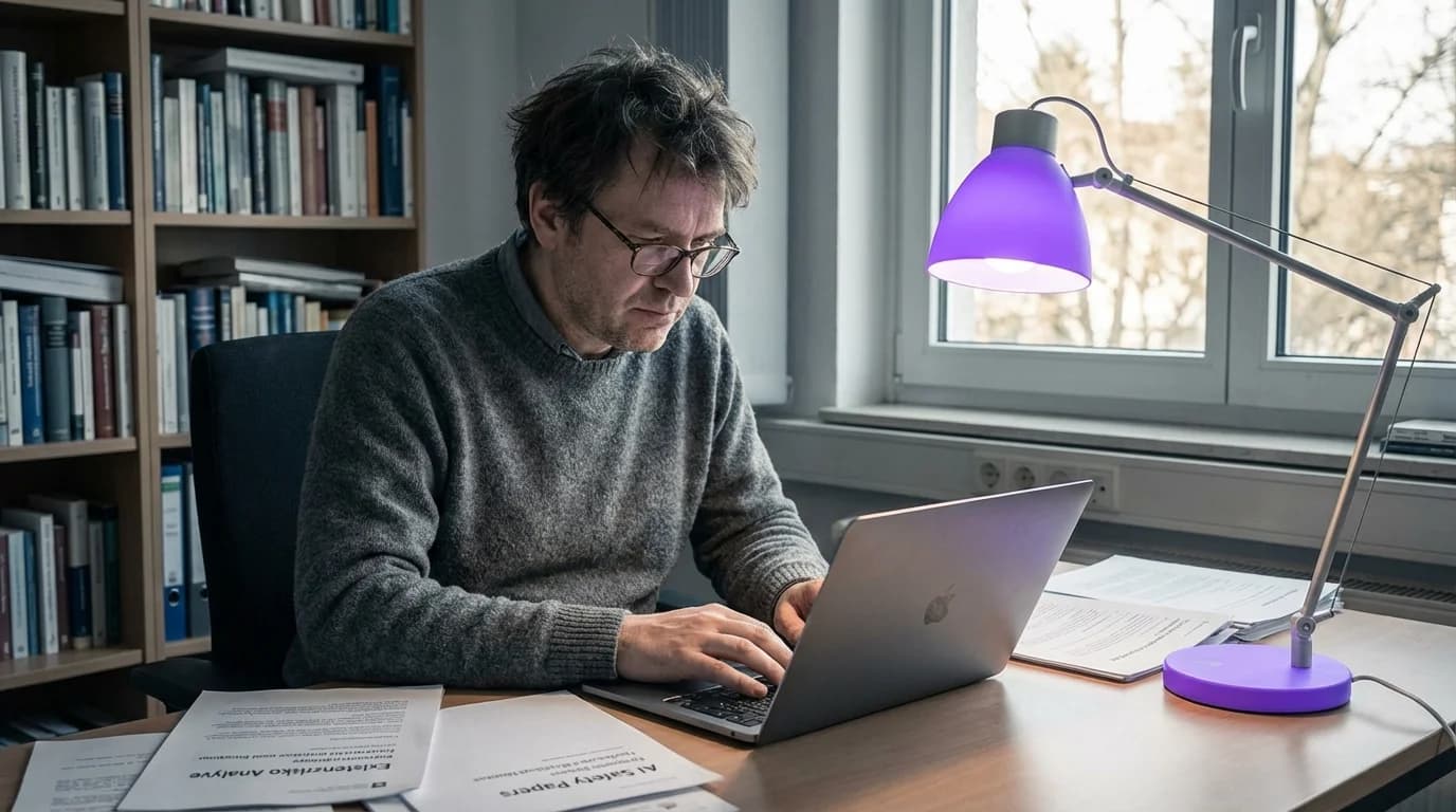 Dramatische Darstellung einer übermächtigen KI als violett leuchtende Singularität am Horizont