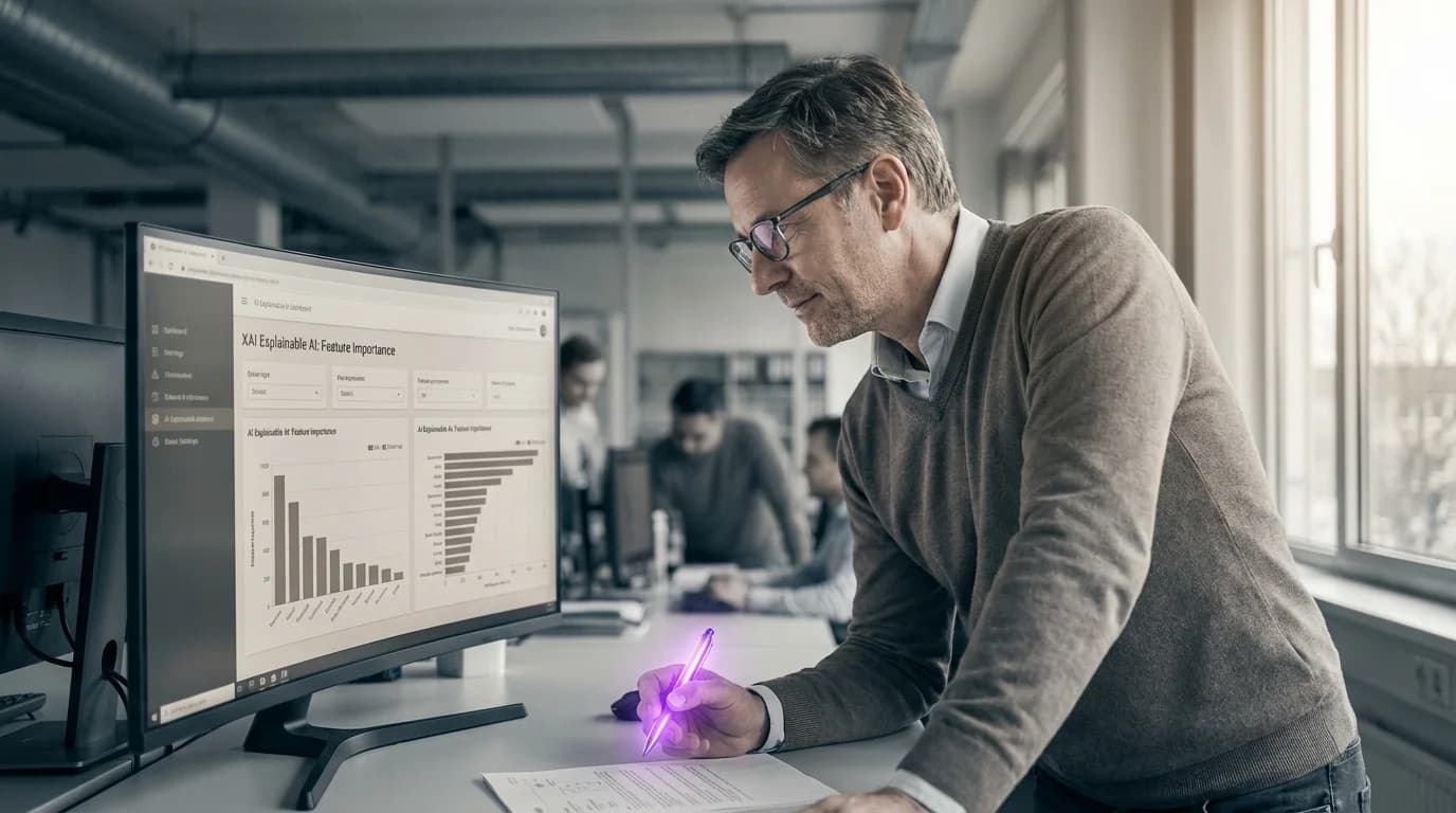 Transparentes KI-Modell mit sichtbaren violett leuchtenden Entscheidungspfaden und Erklärungen