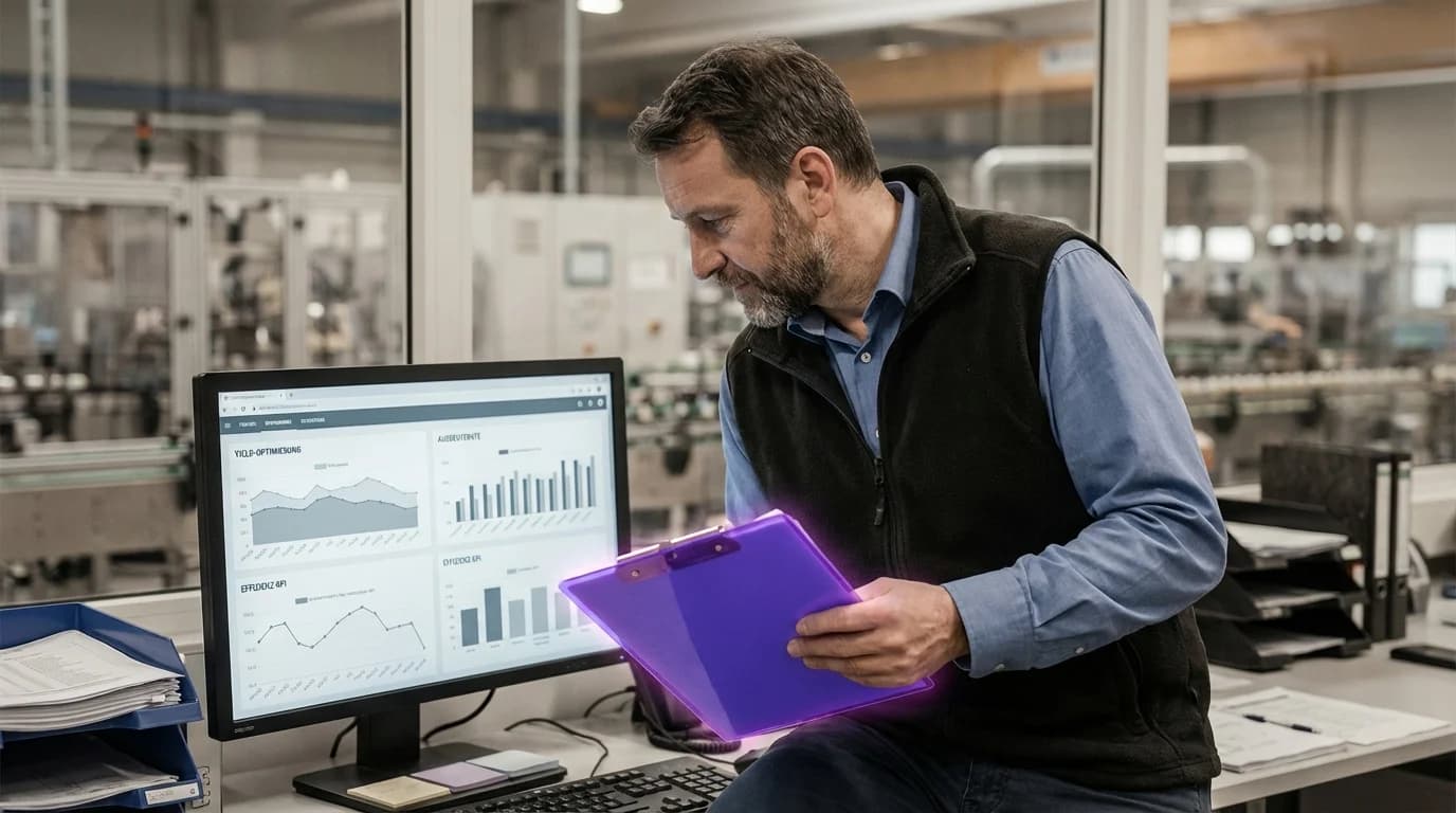 Produktionslinie mit violett leuchtenden Effizienz-Metriken und aufsteigenden Ertragskurven