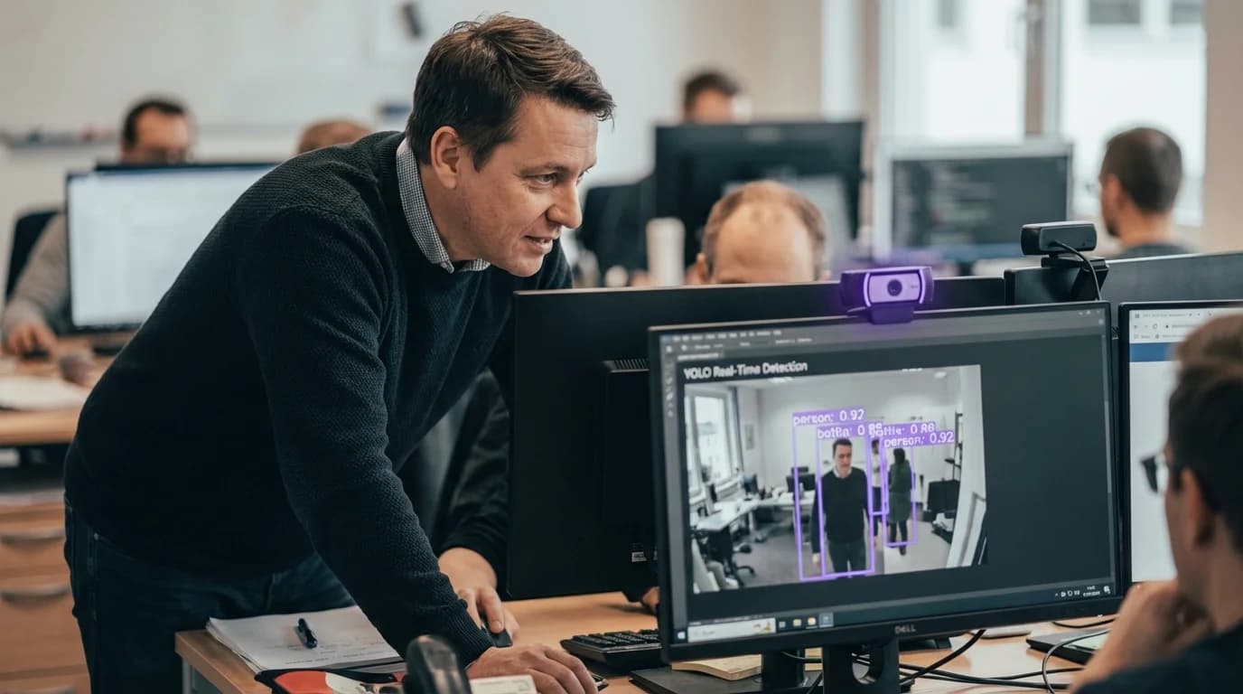 Echtzeit-Kamerabild mit violett leuchtenden Erkennungsrahmen um verschiedene Objekte